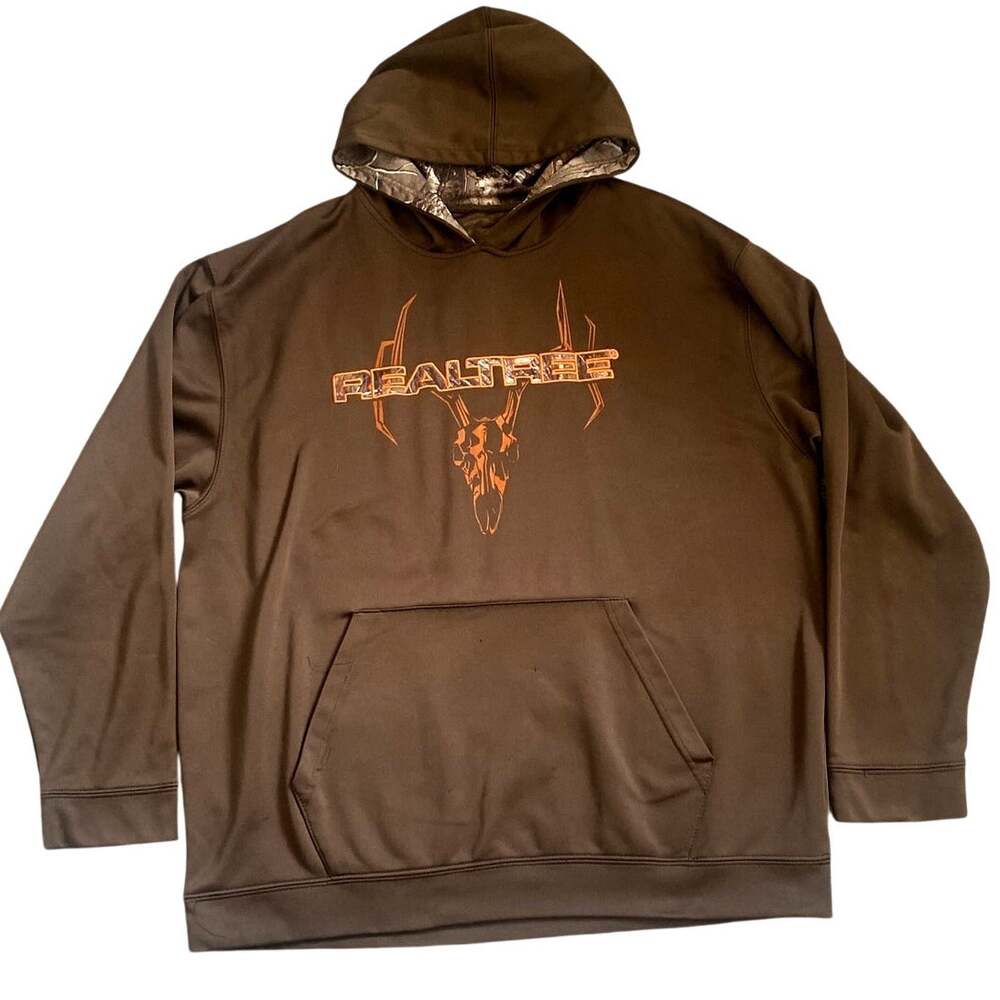 Realtree Mens Brown Hoodie Sweatshirt Orange Graphic Antler Skull Camo Hood XL